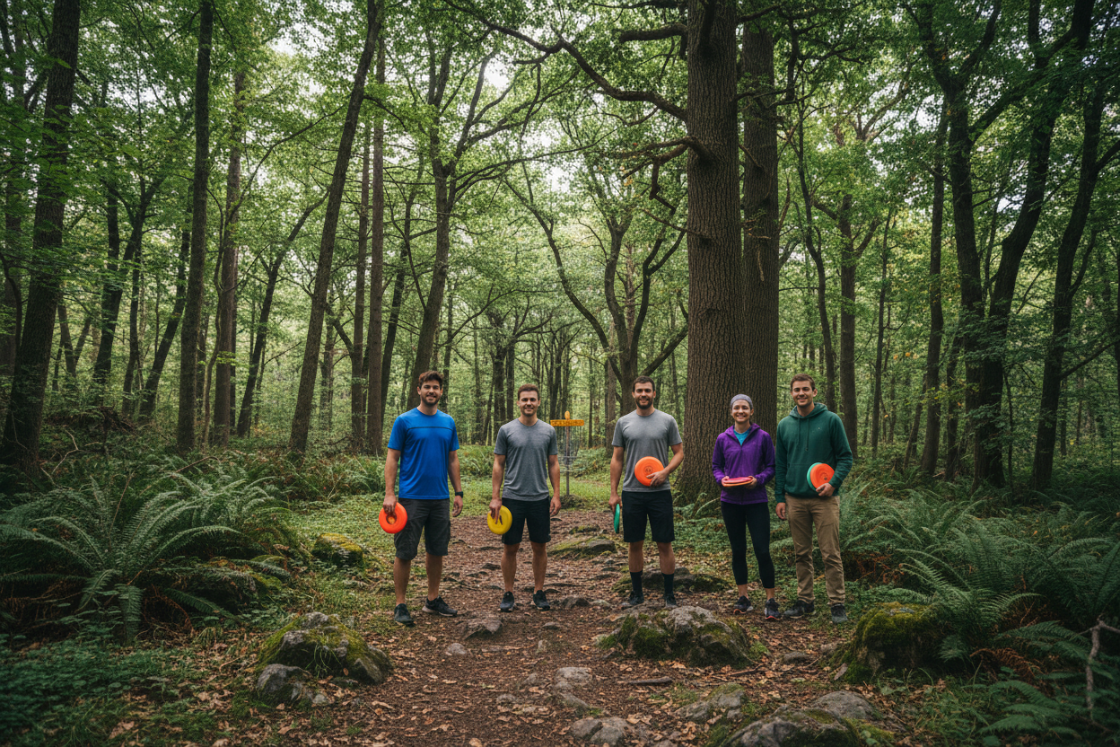 a group of disc golfers standing in the forest